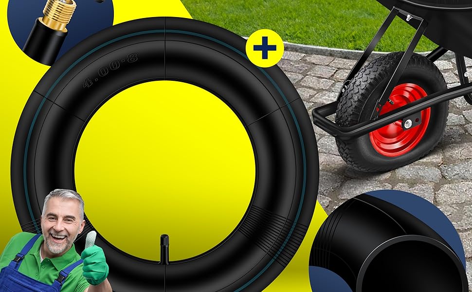 Innenschlauch und Zubehör für Schubkarrenreifen auf gelbem Hintergrund, mit Masko-Branding und Produktspezifikationen in