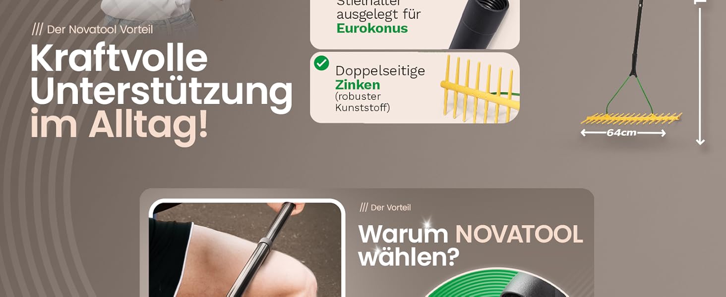 Werbebild für ein Novatool-Produkt, das eine Hand mit einem stiftähnlichen Werkzeug zeigt. Mit deutschem Text und Symbolen, die die Produktvorteile hervorheben