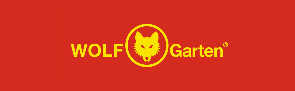 Wolf-Garten Logo in gelb auf rotem Untergrund.