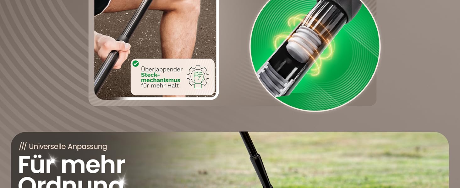 Kompositbild, das die Grasbehandlung zeigt: Nahaufnahme der Sprühdüse auf grünem Kreis, Person, die Gras spritzt, und Text 'Für mehr Ordnung'.