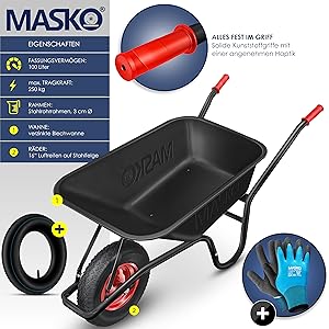 Masko Schubkarrenset mit schwarzer Kunststoffwanne, roten Griffen, Luftreifen und blauen Arbeitshandschuhen. Produktmerkmale im deutschen Text aufgeführt