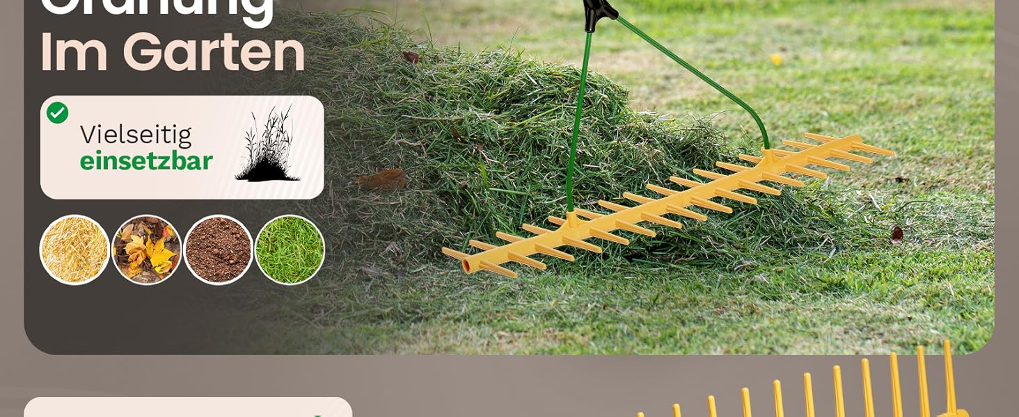 Gelber Kunststoffharken, auf Gras liegend, mit Text, der auf eine vielseitige Nutzung im Garten hinweist. Vier kreisförmige Symbole zeigen verschiedene Materialien, mit denen das Gerät umgehen kann