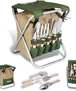 BIKAIN Folding Garden Stool - Tool Set - Zipped Storage Bag - Includes 5 Wooden Handle Tools - Brown