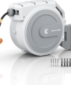 Giraffe Tools AW505/8 Retractable Garden Hose Reel 5/8" x 115+5 ft, Heavy Duty Wall Mounted Water Hose Reel Automatic Rewind, 180 Deg Swivel Bracket, Slow Retraction, 115ft, Dark Grey