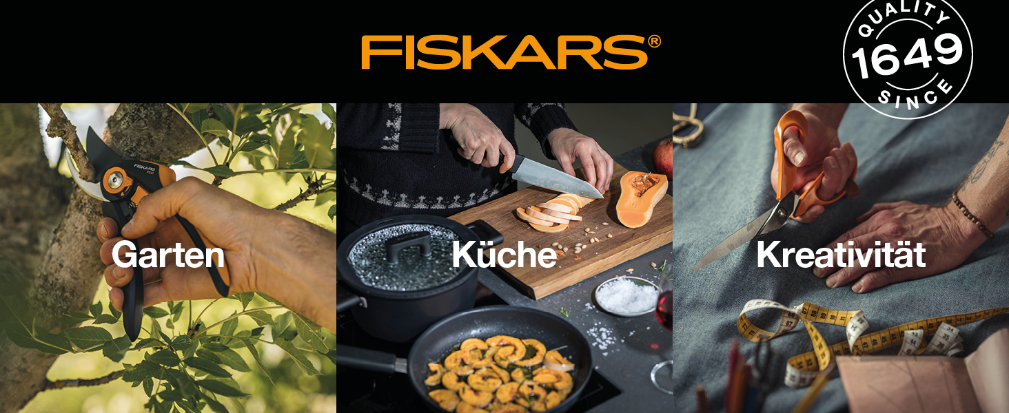 Werbebanner von Fiskars mit den Kategorien Garten, Küche und Kreativität.