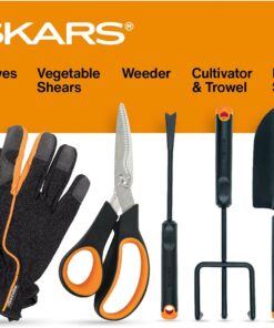 Fiskars Vegetable Garden Tool Set with Vegetable Shears, Seed Sower, Trowel, Cultivator, Weeder, and L/XL Garden Gloves for Indoor or Outdoor Gardening (6 Piece Kit)