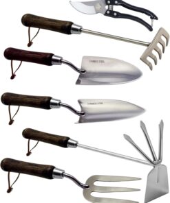 Garden Tool Set, 6PCS Heavy Duty Stainless Steel Gardening Hand Tools with Ropes, Includes Hand Cultivator Shovel Trowel Transplanter 2-in-1 Hoe Pruner Ideal Gardening Gifts for Women Men (Gift Box)