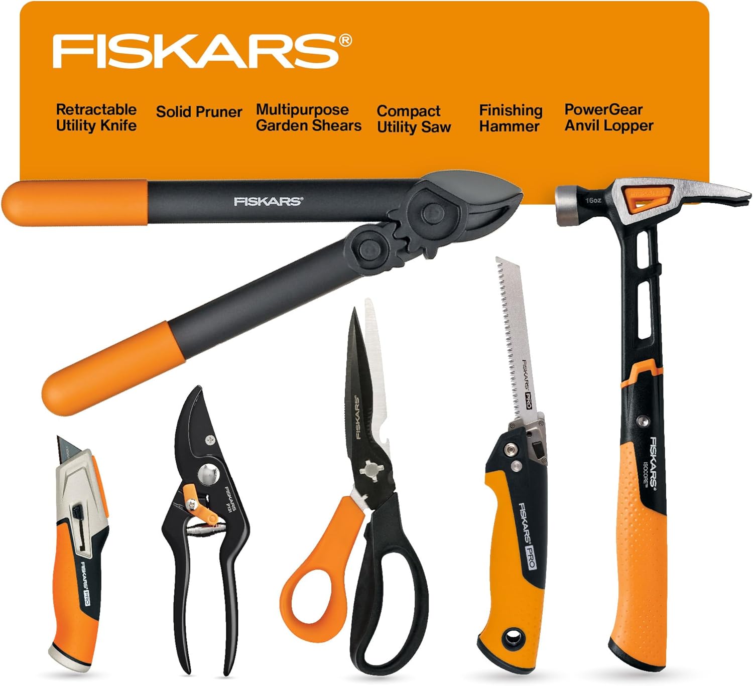 Fiskars House Essentials for New Home Tool Set, 6 Piece Kit w/Loppers, Garden Scissors, Pruners, Folding Saw, IsoCore Hammer, & Utility Knife, Indoor DIY & Outdoor Gardening, Great Housewarming Gifts - Image 3