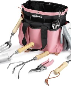 WORKPRO 8-Piece Pink Garden Tool Set, Stainless Steel Gardening Tools with Wood Handle, Including Garden Tote, Gloves, Trowel, Hand Weeder, Cultivator and More, Gardening Gifts For Women - Pink Ribbon