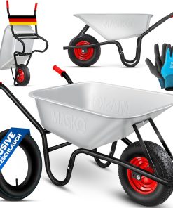 MASKO Wheelbarrow Construction Wheelbarrow Garden Wheelbarrow 100 Litres 250 kg Pneumatic Tyres with Steel Rim + Replacement Hose Wheelbarrow Hose, Galvanised Steel Frame Garden Trolley Sliding Barrow Transport Trolley Gloves