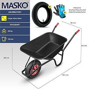 MASKO mit abgebildeten Produktabmessungen, Einzelraddesign und mitgelieferten